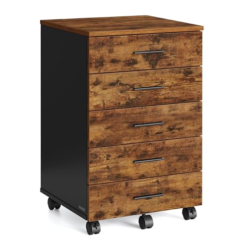 VASAGLE Caisson de Bureau à roulettes, Meuble de Rangement, Support pour Imprimante, avec 5 Tiroirs, Rails Coulissants, pour Bureau, Télétravail, Marron...