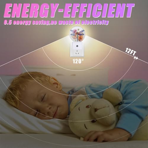 Image of Dragonfly Night Light Watercolor Floral Night Lights LED Lamp Round Plug into Wall Nightlight with Dusk to Dawn Sensor Home Hallway Stairway Kitchen Decor