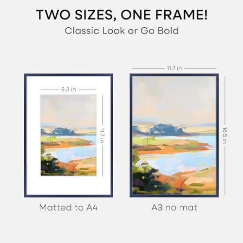 Image of Homeforia A3 Blue Picture Frame, High-End Metal, A4 Mat, Glass | High End Aluminum, Tempered Glass, Acid-Free A4 Removable Mat, A3 Edge-to-Edge Display, Wall Kit, Set Of 2