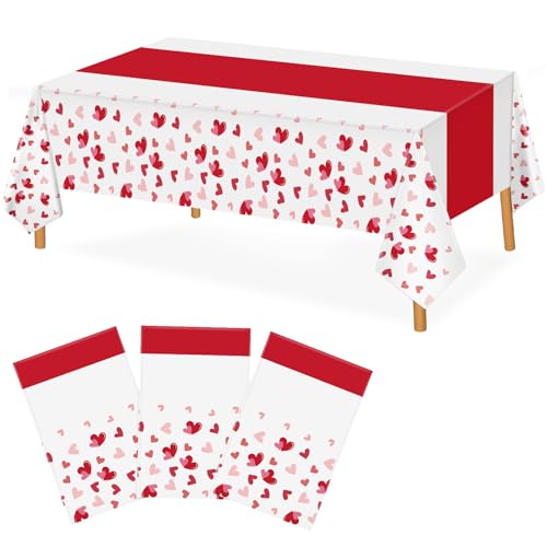 Image of Hxezoc 3 Pack Valentines Day Tablecloths, 54 x 108 Inch Disposable Heart Plastic Table Cover for Girls Kids Valentines Birthday Baby Shower Party Decorations Outdoor Indoor Party Supplies