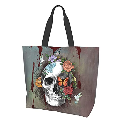 Blume Sugar Skull Tote Bags Gym Bag Schultertasche Wiederverwendbare Picknick Strandtasche für Frauen Reise Strand Shopping Arbeit Täglich, Flower Sugar Skull, Einheitsgröße Cover