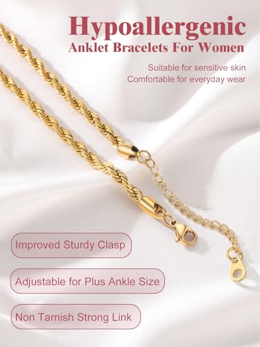 Image of FOCALOOK 14K Gold Plated Anklets for Women Waterproof Plus Size Ankle Bracelet 8.5-10.5 Inch Adjustable Mariner /Figaro /Flat Snake /Cuban Link Chain Anklet Jewelry for Summer Beach Holiday