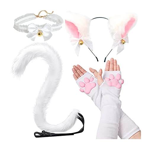 HOMEGYMFREE Cat Cosplay Costume Soft 3D Kitten Toe Beans Cat Paw Gloves Tail Ears Collar Set Christmas Anime Cosplay Set White