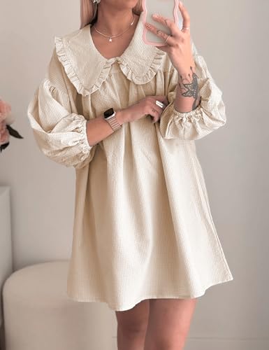 2025 Women's Babydoll 3/4 Puff Sleeve Plaid Mini Dress Lapel Doll Collar Loose Y2k Dress3