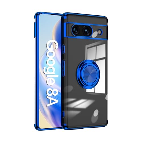 Google Pixel 8a 用 ケース 透明TPU 耐衝撃 青メッキ加工 リング ストラップホール付き スタンド機能 車載ホルダー対応 滑り止め 落下防止 グーグル ピクセル 8a カバー(ブルー)