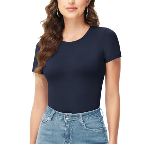 TNNZEET Bodysuits for Women - Black Bodysuit Women Tops Round Neck T Shirts for Women Fashion Body Suit Going Out Tops