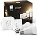 Produktbild Philips Hue White Starter Set mit E27 Lampen 2-er Pack (1.055 lm), Smart Button+ Hue Bridge, LED Leuchten mit warmweißem Licht über Hue Lichtsystem per Sprache und App steuerbar