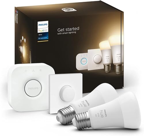 Philips Hue White Starter Set mit E27 Lampen 2er Set (1.055 lm), Smart Button+ Hue Bridge, LED Lampen mit warmweißem Licht über Hue Lichtsystem per Sprache und App steuerbar