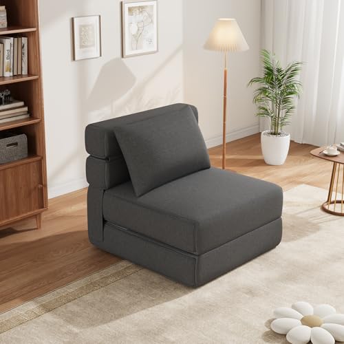 Folding Sofa Bed - Convertible Sleeper Chair with Upgraded Pillow, Modern Comfortable Sleeper Couch Linen Fabric, Foldable Memory Foam Sleepers Comfy Floor Sofa for Living Room Bedroom, Single