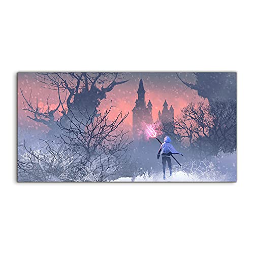 Art mural paysage d'hiver avec chevalier sur verre trempu00e9 140x70 pour chambre