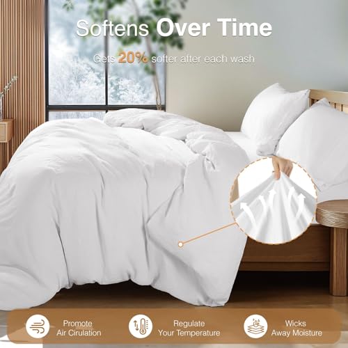 SONORO KATE 100% French Linen Duvet Cover Full Size, Soft Breathable for Hot Sleepers, Moisture Wicking & Durable Cover Set - Zipper Closure & 4 Corner Ties Duvet Covers 3 Piece (White,Full)