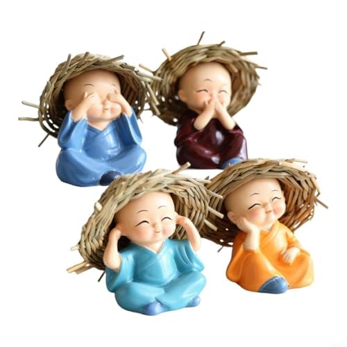 Juego de 4 figuras de monje de resina de madera de la suerte con sombreros de paja, adornos de Buda para el hogar, salpicadero de coche o decoración de mesa de plantas, estilo brasileño