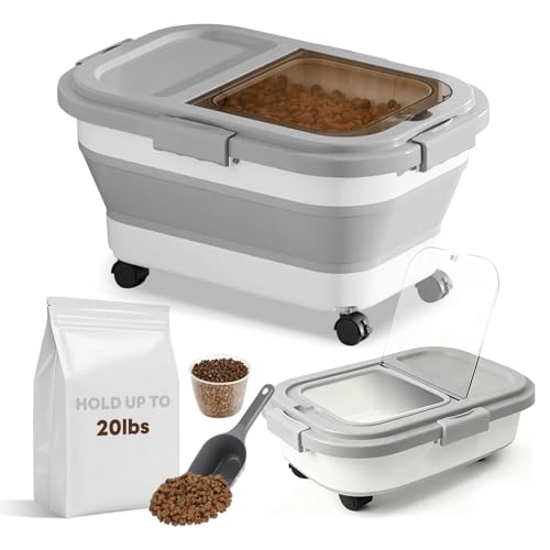 Hundefutter Aufbewahrungsbox - Luftdichter Futterbox Hund mit Messbecher & Löffel - Faltbarer Dog Food Container für Trockenfutter - Futtertonne Hund für Großvorrat Katzen - Futterbehälter mit Rollen