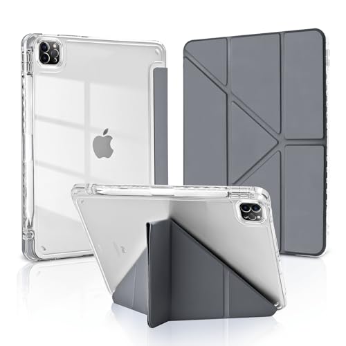 MuyDoux Funda Origami para iPad Pro 11 Pulgadas 4ª 3ª 2ª 1ª Generación 2022/2021/2020/2018 con Portalápiz, Soporte Vertical y Horizontal, Carcasa Trasera Transparente Clara Antigolpes, Gris Espacial