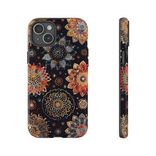 Coque iPhone 15 Plus rigide noire motif mandala coloré brillant pour smartphone