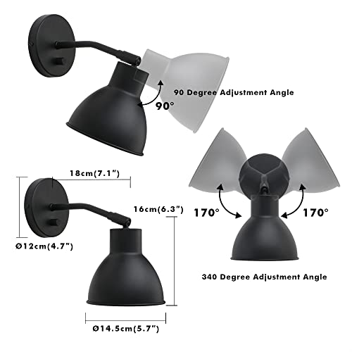 Image of Yosoan Set of 2 Black Vanity Reading Wall Sconce with On Off Switch | Brass Vintage Industrial with 340 Degree Angle Wall Mount Lamp 5.7 inch Bowl Metal Shade Bedside Bunk