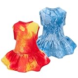 Fitwarm 2 Pack Tie Dye Dog Dress, Summer Dog Clothes for Small Dogs Girl, Pet Cat Outfit, 100% Breathable Cotton, Red, Blue, Yellow, Small