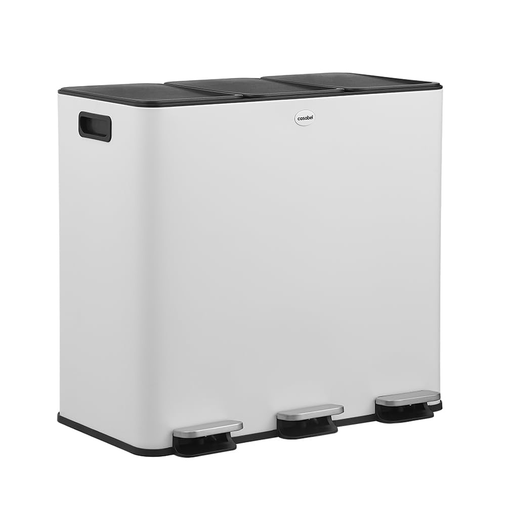 CASABEL Poubelle Tri Sélectif 3x20L, Acier Inox Blanc, Poubelle 60L Cuisine Recyclage Rectangulaire à Pédales, Anti Traces, Anti Odeurs, Systèmes de Tri des Déchets, Poubelle Tri Selectif 3 Bacs