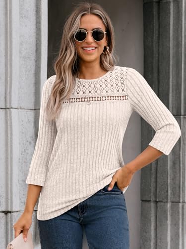 AUTOMET Womens 3/4 Length Sleeve Tops Fall Fashion 2025 Lace Work Tunic Blouses Dressy Casual Shirts Sweater Clothes Outfits2
