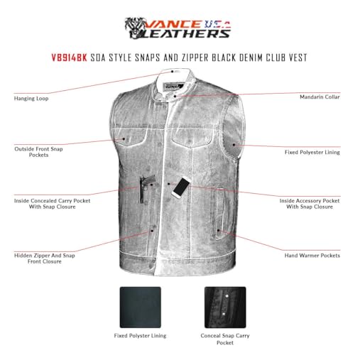 Vance Leather Men's Black Denim Collarless Club Vest with Conceal Carry Pockets4