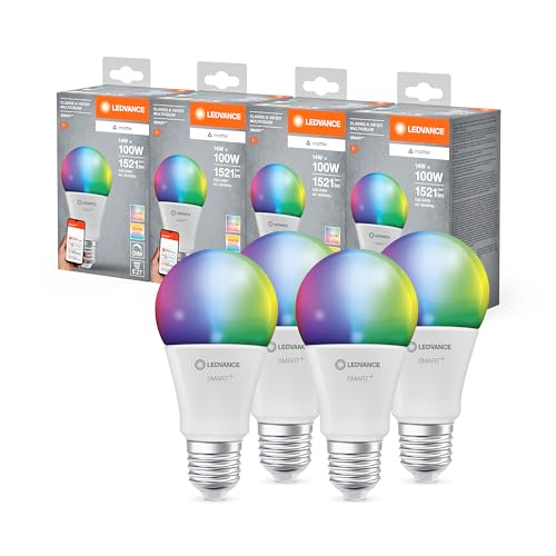 LEDVANCE Lampada LED SMART+ MATTER, smerigliata, 14W, 1521lm, forma a goccia E27, luce colorata e luce bianca, compatibile con Google, Alexa, Apple, app o controllo vocale, 20.000 ore,conf. da 4