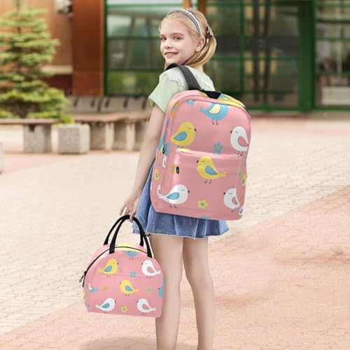 Kids Bag Set, Cute Birds Pink Waterproof Picnic Backpack, Backpacks for Girls Set 6