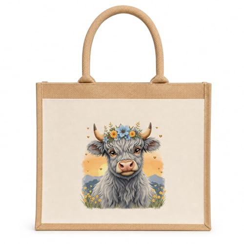 Image of Small Highland Cow Jute Gift Bag Laminated Mini Tote with Handles Lunch, Birthdays and Highland Gifts – Reusable Eco Small Also in Grey 26x22x14cm (Grey Highland Cow)