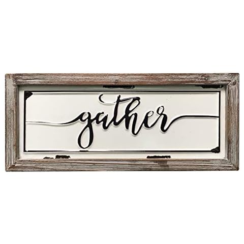 DeliDecor Gather - 12" X 5" Wooden Signs Wall Decor Rustic Embossed Retro Metal and Wood Framed Sign Modern Farmhouse Wall Hanging Art Gather Sign Home Decor Cover