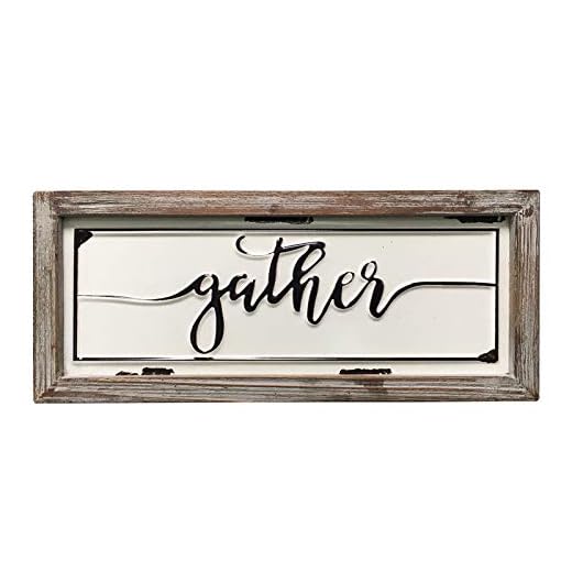 DeliDecor Gather - 12" X 5" Wooden Signs Wall Decor Rustic Embossed Retro Metal and Wood Framed Sign Modern Farmhouse Wall Hanging Art Gather Sign Home Decor