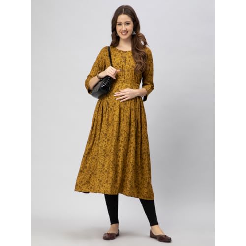 Image of CEE 18 Cotton Rayon A-Line Flared Maternity Feeding Kurti for Women with Zippers | Maxi Gown Dress for Women | Breastfeeding Dress for Mothers | Feeding Kurti for Women | Maternity Wear for Women