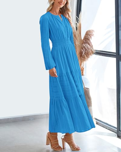 BTFBM Fall Dresses for Women 2025 Casual Long Sleeve V Neck Elastic Waist Lightweight Maxi Wedding Guest Dress Pockets