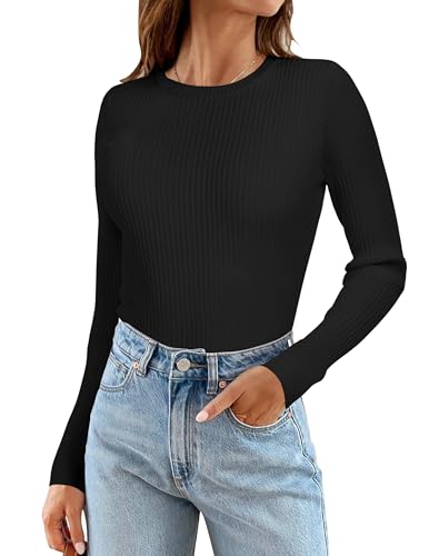 Image of Rocorose Womens Long Sleeve Tops Business Casual Crewneck Sweater 2024 Fall Knit Fitted Shirts