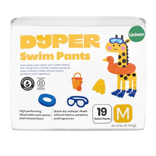 Image of DYPER Baby Swim Diapers Size Medium (20-31 lbs), 19 Count | Disposable Swim Pants | Plant-Based, Hypoallergenic & Fragrance Free | Won't Swell in Water | for Pool, Beach, Swim Lessons & Water Play