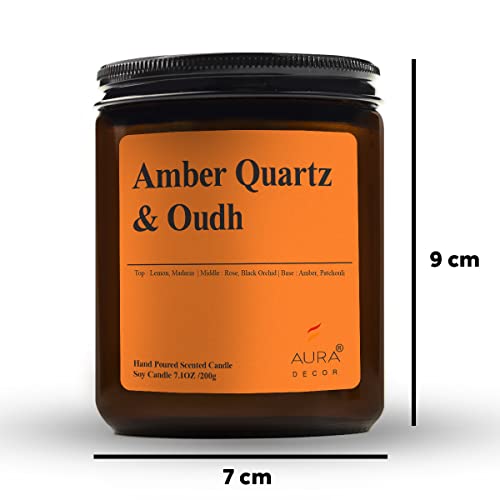 Image of AuraDecor Scented Jar Candle | Handpoured Soy Wax Candle with Long Lasting Burn Time | Premium Amber Jar Aromatherapy Candle | Ideal Gift for Home & Decor (Extra Large, Amber Quartz & Oudh)