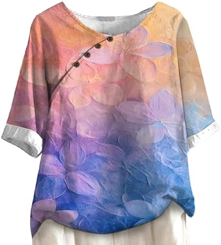 Womens Lightweight Tops 2025 Trendy Half Sleeve Crewneck Flowy Tees Vintage Asymmetric Side Button Design Loose Fit Soft T Shirts Summer Breathable Work Business Casual Clothes,3XL Blue Purple