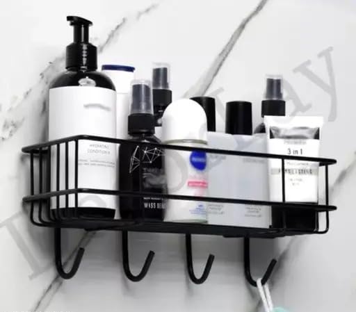 ME_Stainless Steel Metal Wall-Mounted Shelf - Black Corner Shelf with Hooks for Kitchen or Bathroom (1 Shelf) 3