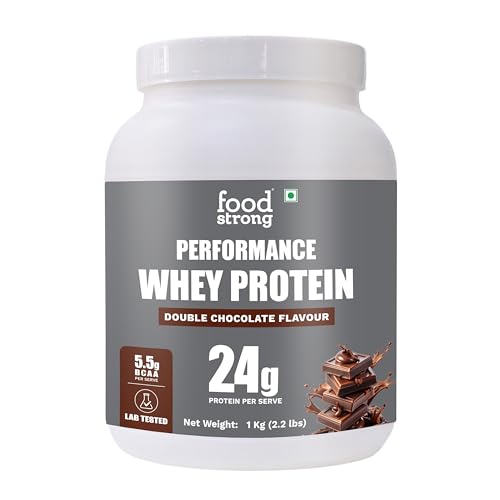 Image of Foodstrong Performance Whey Protein Powder | 24g Protein per Serving | Double Chocolate Flavour | 5.5g BCAA | Lab Tested | 1 kg