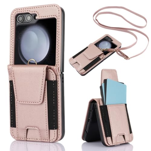 Étui portefeuille pour Samsung Z Flip 5 4 3 avec multi-cartes et longue lanière amovible rose