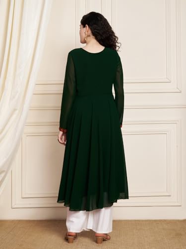 Image of Poshak Hub Women Green Ethnic Motifs Aari Work Georgette Anarkali Kurta