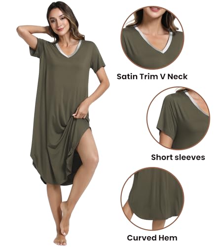 Image of NACHILA Nightgowns for Women-Viscose Made from Bamboo, V Neck Sleepshirts Short Sleeve Sleepwear Cool Nightshirt
