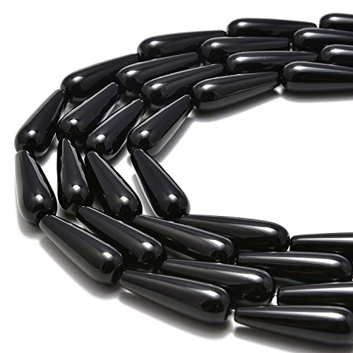 JM Design Black Onyx Smooth Polished Teardrop Shape Loose Gemstone Beads Size 10x30mm (13pcs) 15.5inch Strand for Jewelry Making