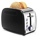 Toaster 2 Slice, JEWJIO Black Stainless Steel Bagel Toaster with 1.5" Wide Slot for Waffles, 6 Bread