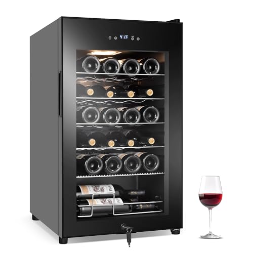 Image of FoMup Wine Fridge 24 Bottles, Small Wine Cooler Refrigerator Freestanding with Digital Temperature Control Safety Lock, Frost Free for Red White Wine, Champagne