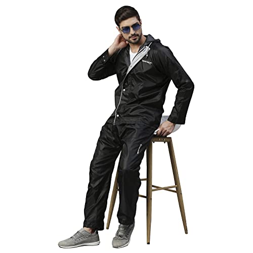 Image of ZEEL Rain Coat for Men Waterproof for Bike Riders with Adjustable Hood along with inner pockets,Waterproof Raincoat with Polyester Jacket,Pants and Carrying Pouch,AW01 Eco-Black XXXL