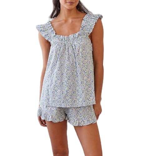 Image of ROAONOCOMO Women Summer Floral Pajama Set Ruffle Trim Cami Top Coquette Pj Set Gingham Babydoll 2 Piece Shorts Outfit