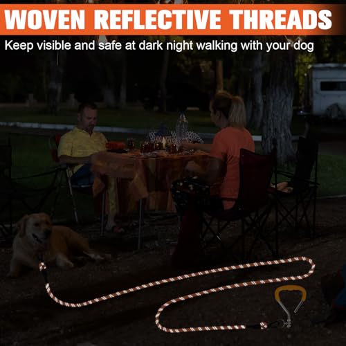 Image of Mihachi Dog Tie Out Stake and Long Dog Leash, Reflective Recall Training Lead Leash with Removable Handle,15.8in Ground Stake,Ideal for Yard,Camping and Beach, Suitable for Medium Dogs,Orange 15FT