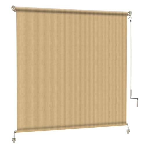 Image of Custom Size 87'' W x 96'' H Outdoor Roller Shades, Cordless Patio Roll Up Outdoor Blinds with UV Protection, Exterior Sun Shade Cloth for Porch, Gazebo, Balcony, Pergola, Wheat