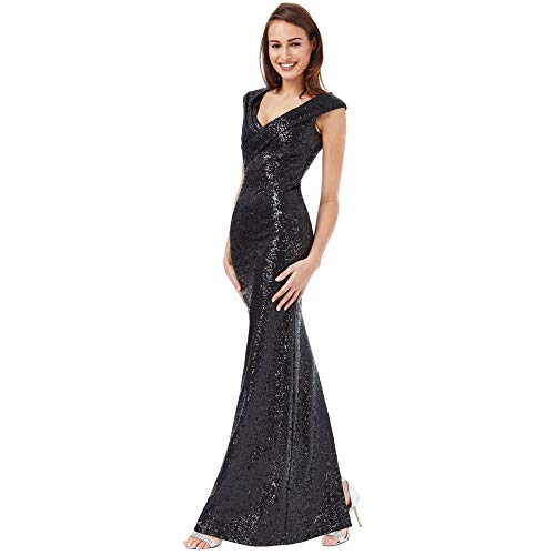 Goddiva Pleated Neckline Sequin Maxi Dress 8 Black