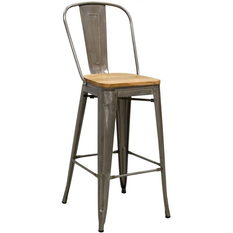 Tabouret de bar haut de gamme Aubry Gaspard en acier brossé et bois noble d'orme