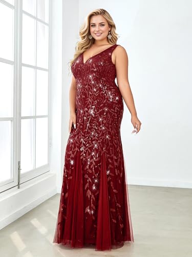 Image of Ever-Pretty Plus Sequin Formal Dresses Sleeveless V Neck Mermaid Ball Gowns Plus Size Prom Dress